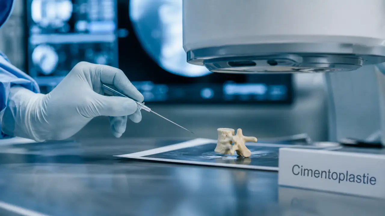 Cimentoplastie : aiguille sous fluoroscopie, stabilisation des vertèbres