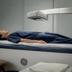 Densitométrie : patiente allongée sur machine DEXA