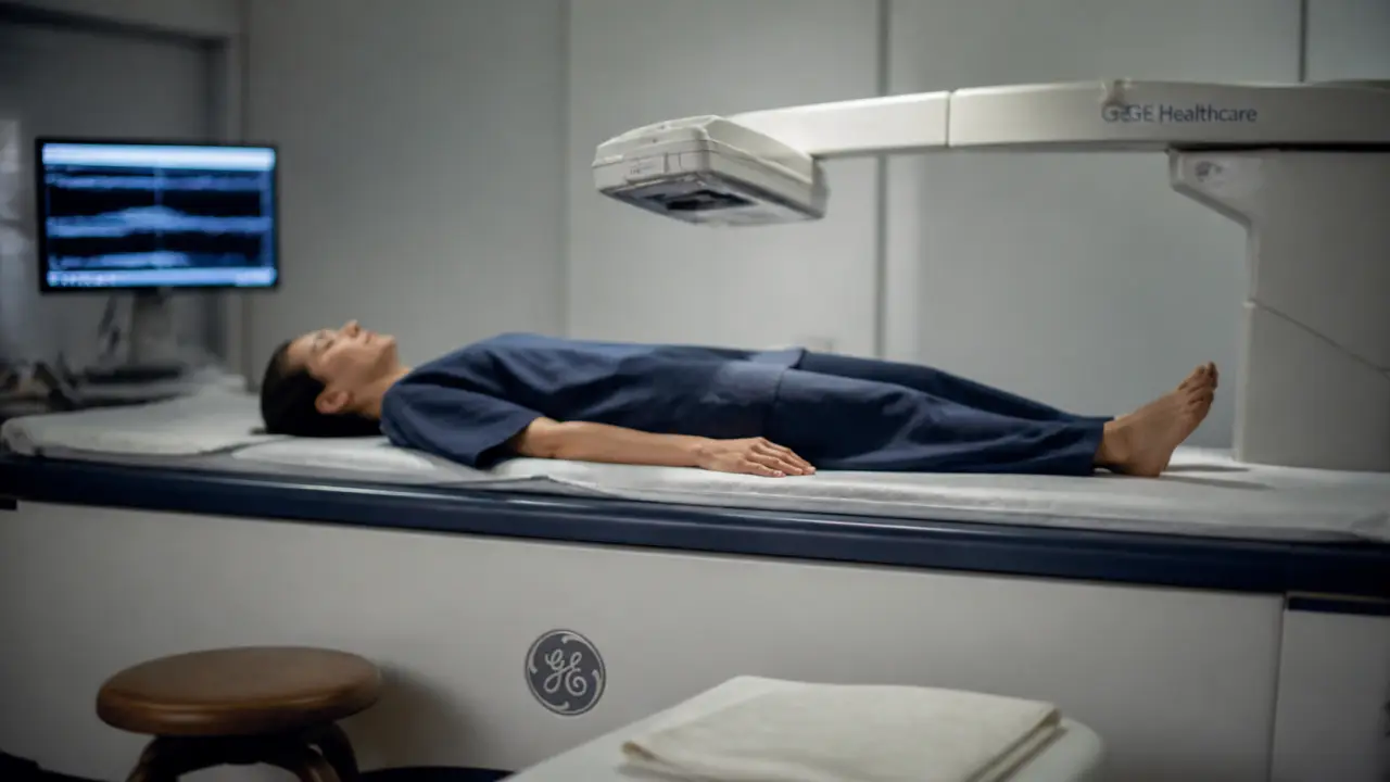 Densitométrie : patiente allongée sur machine DEXA