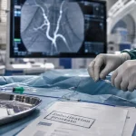 Embolisation prostate : microcathéter en salle de radiologie interventionnelle