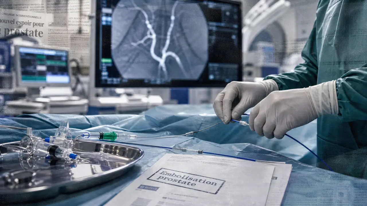 Embolisation prostate : microcathéter en salle de radiologie interventionnelle