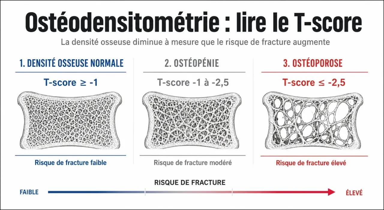 ostéodensitométrie résultat : lecture visuelle du T-score entre normal, ostéopénie et ostéoporose