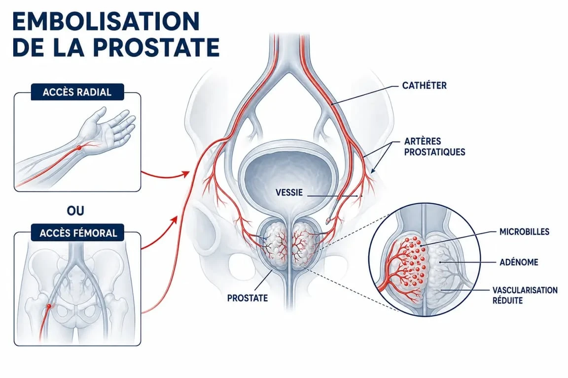 Schéma de l’embolisation prostate montrant le trajet du cathéter et l’occlusion des artères prostatiques