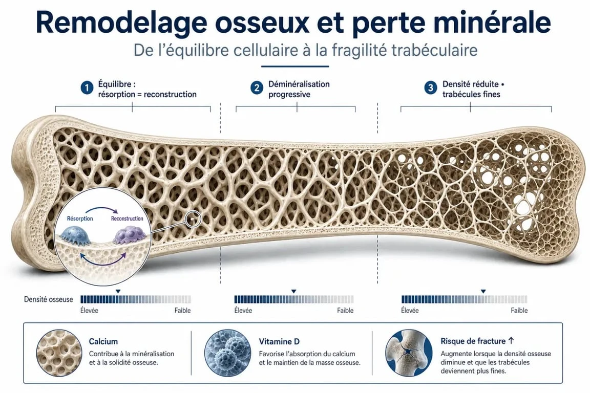 Deminéralisation osseuse illustrée par le remodelage de l’os et la baisse de densité minérale