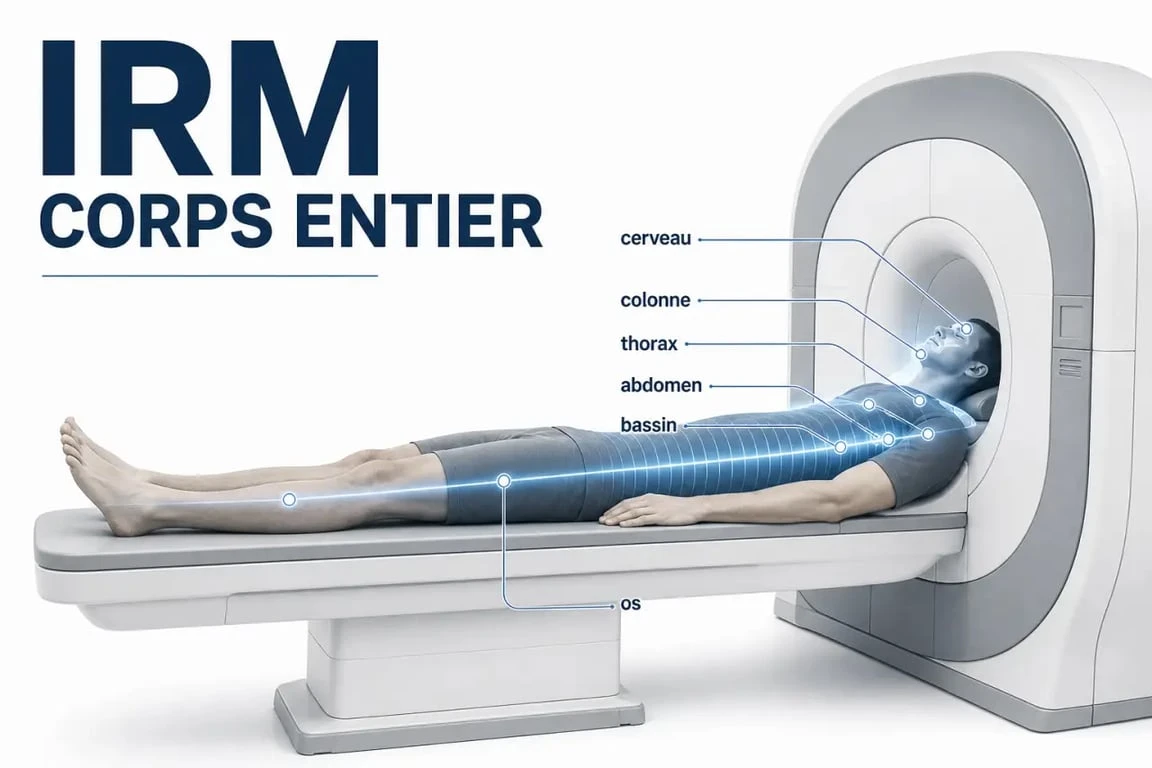 IRM corps entier : patient allongé dans un appareil d’imagerie avec balayage tête-pieds et zones explorées