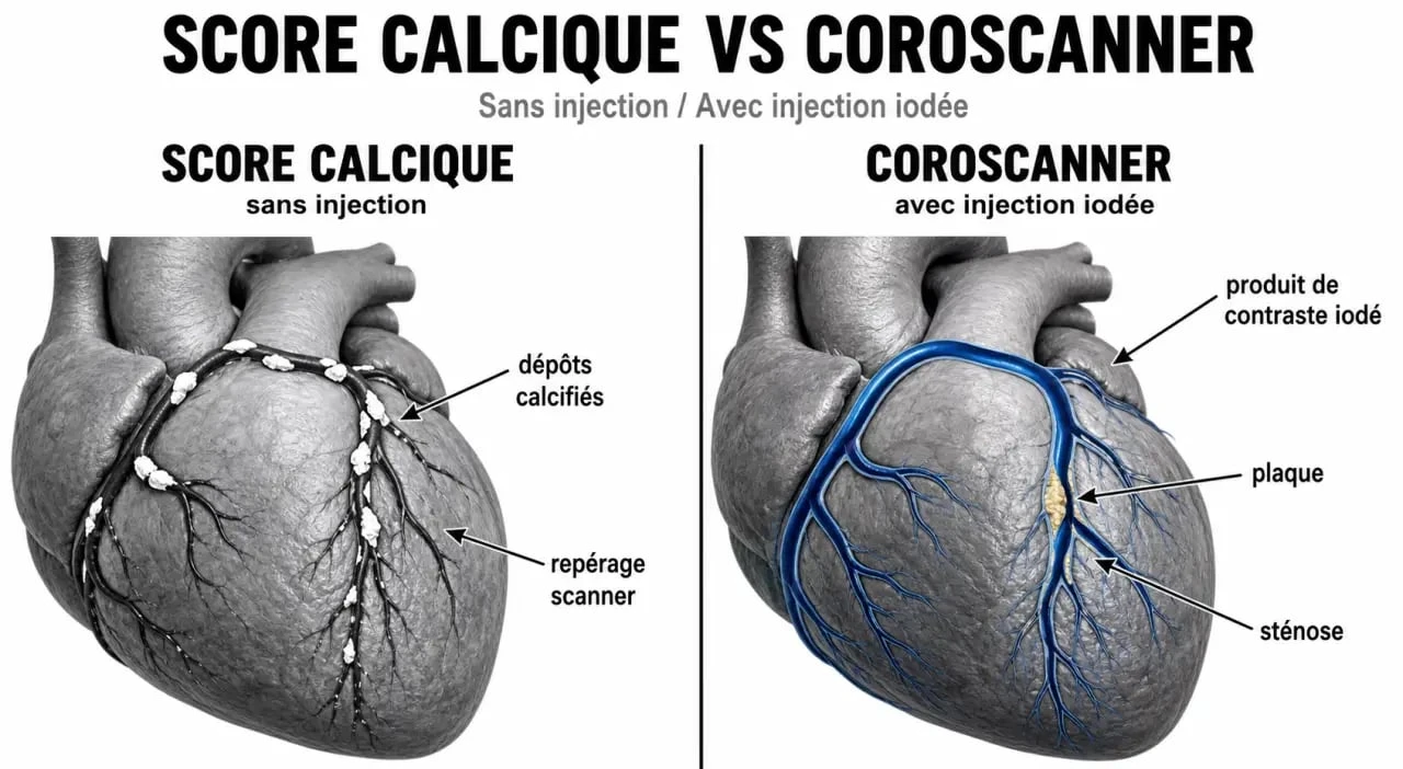 Scanner des coronaires : comparaison entre score calcique sans injection et coroscanner avec injection