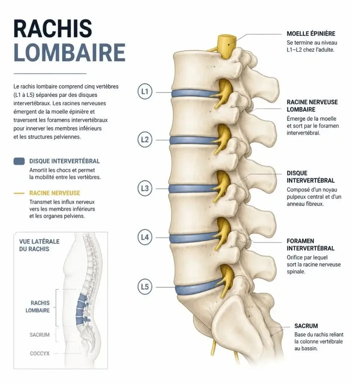 Schéma anatomique du rachis lombaire pour comprendre l'IRM lombaire