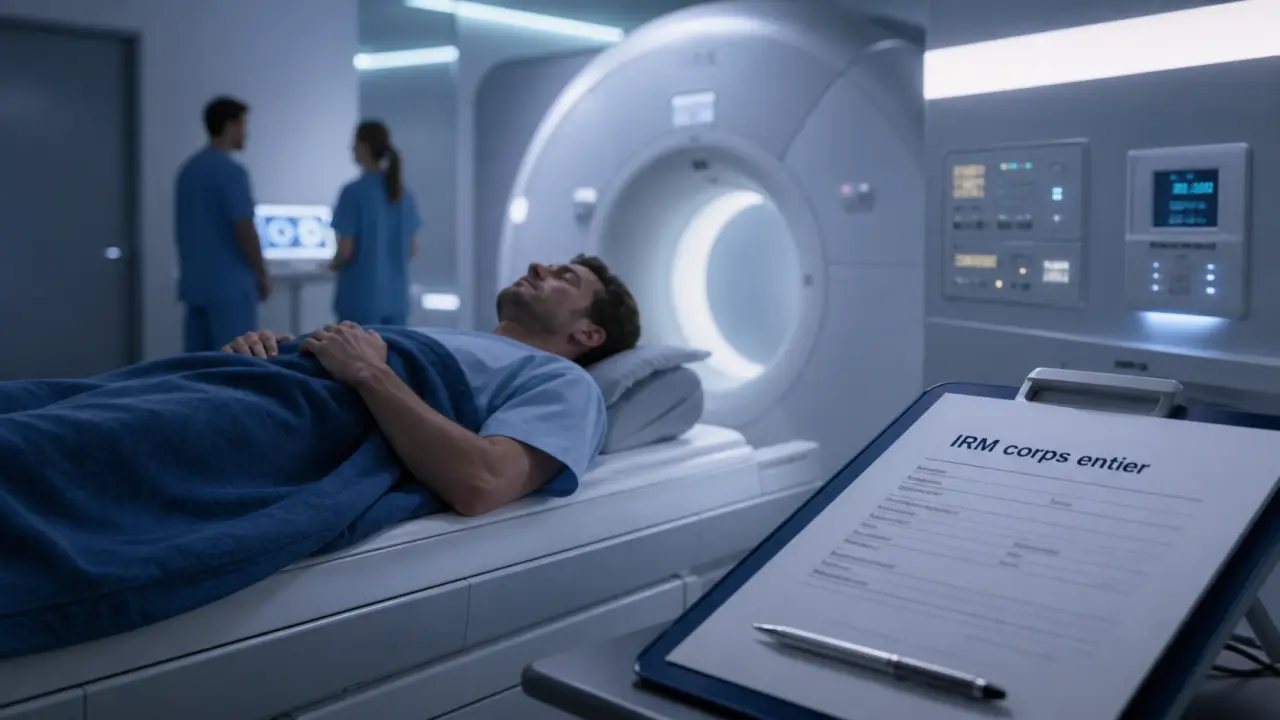 IRM corps entier en centre d’imagerie, patient sur table, détection tumeurs et métastases sans radiations