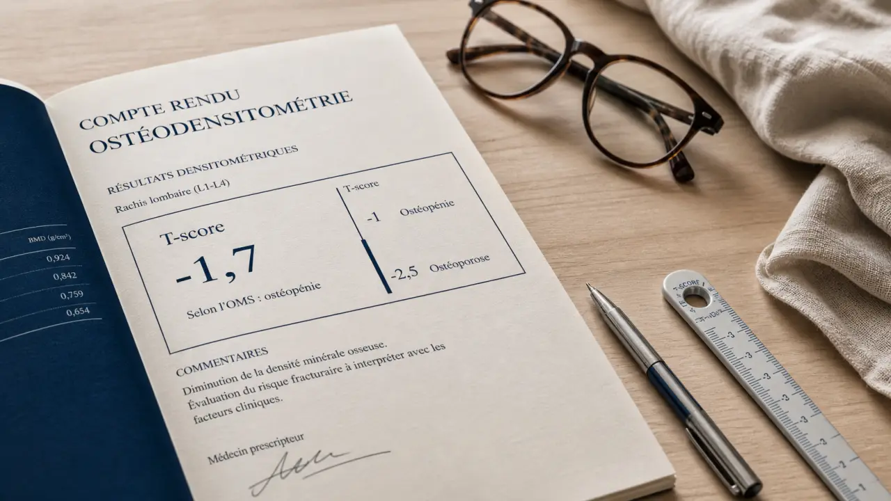 Ostéodensitométrie résultat : T-score et seuil -2,5 (ostéopénie)