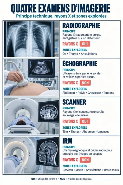 Infographie sur les examens d'imagerie médicale d'Azuradiologie à Nice : radiographie, échographie, scanner et IRM