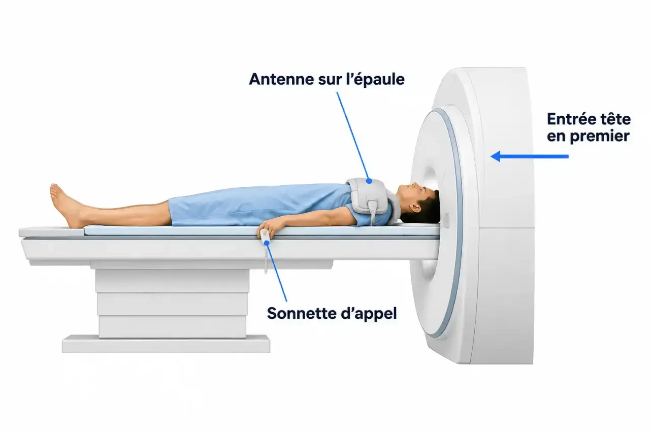 Schéma du positionnement du patient pendant une IRM de l'épaule avec antenne et sonnette