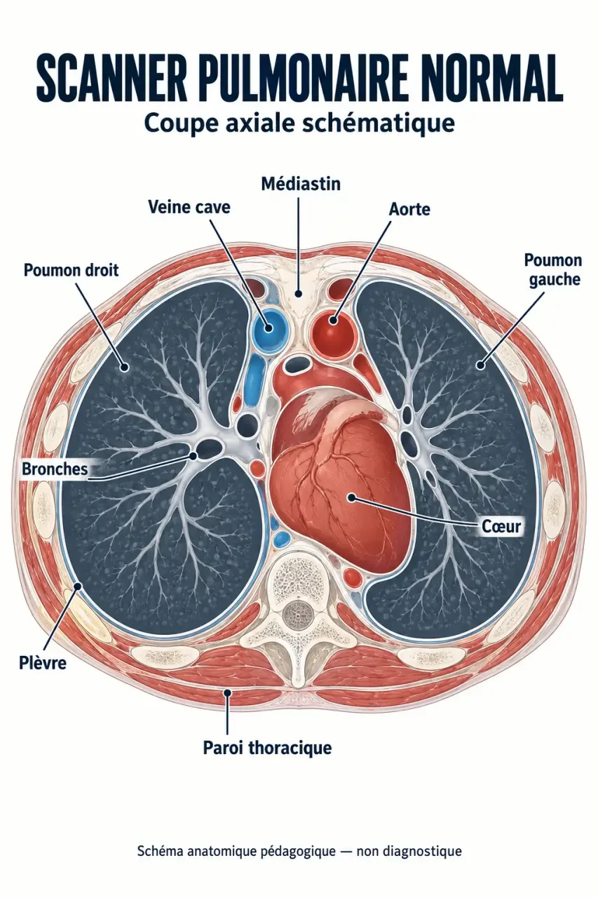 Schéma anatomique des zones évaluées lors d’un scanner pulmonaire normal