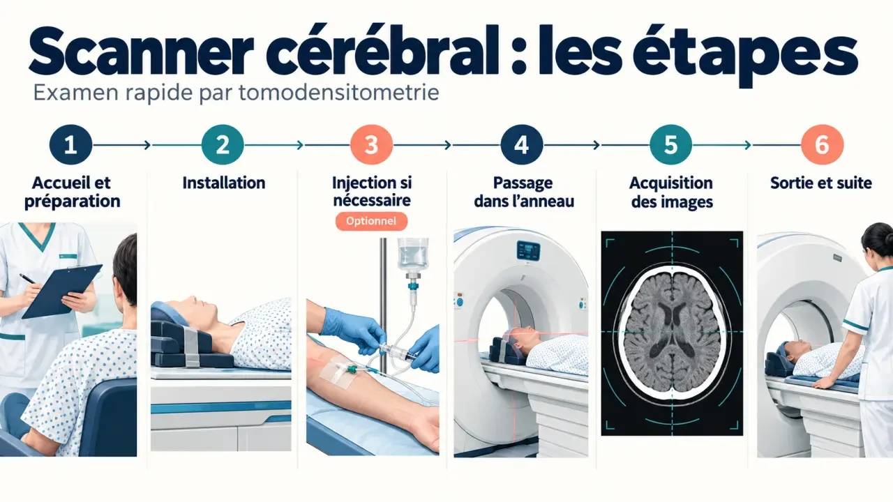 Schéma des étapes d’un scanner cerveau avec installation, anneau ouvert et injection éventuelle