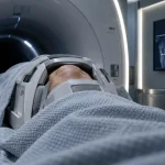 IRM genoux : genou immobilisé sur table IRM, lésions invisibles