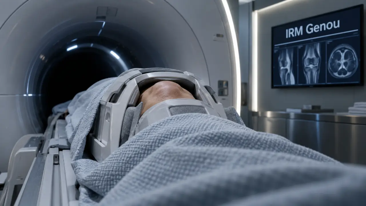 IRM genoux : genou immobilisé sur table IRM, lésions invisibles