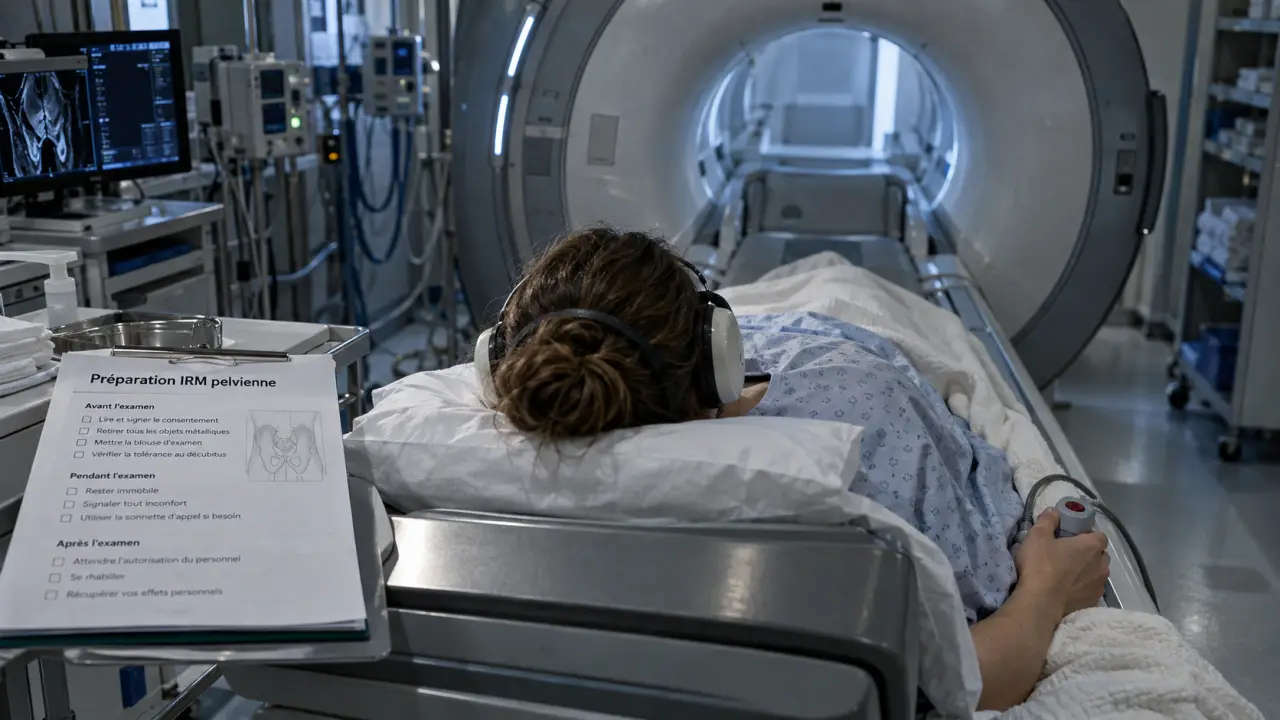 IRM pelvienne témoignage : patiente sur table, casque, attente résultats